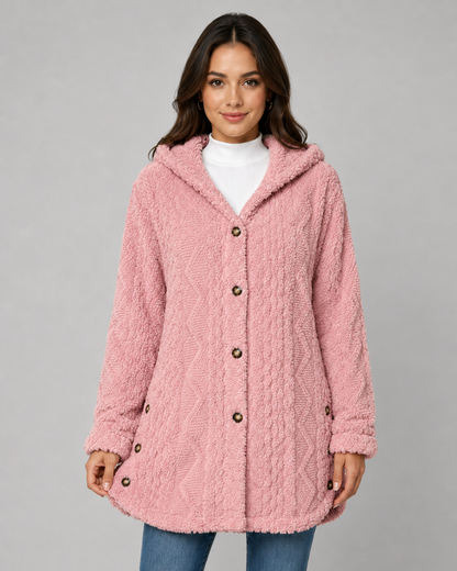 Women's Teddy Fleece Jacket - Hooded Cable Knit Texture