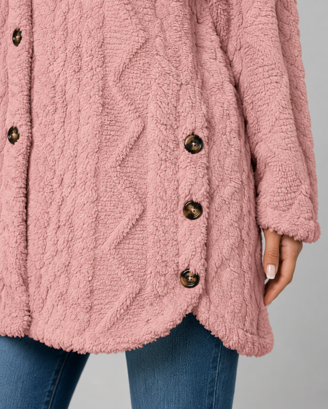 Women's Teddy Fleece Jacket - Hooded Cable Knit Texture