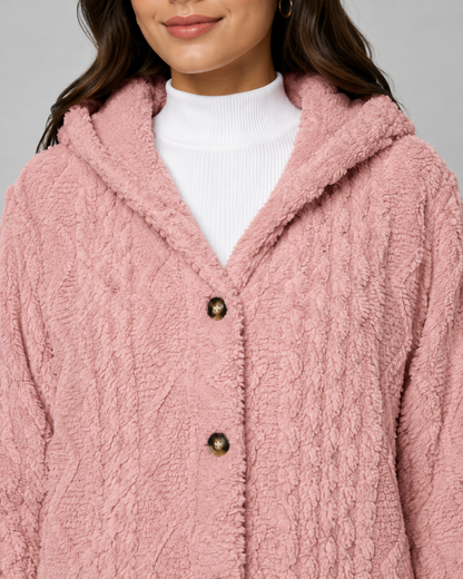 Women's Teddy Fleece Jacket - Hooded Cable Knit Texture