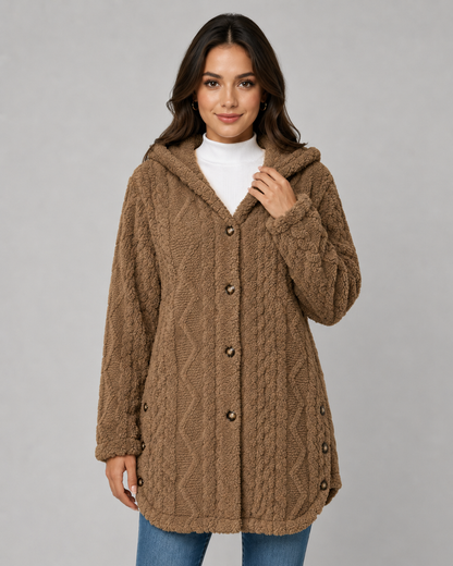 Women's Teddy Fleece Jacket - Hooded Cable Knit Texture
