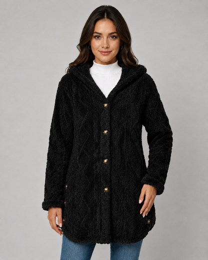 Women's Teddy Fleece Jacket - Hooded Cable Knit Texture