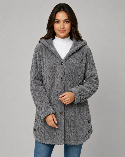 Women's Teddy Fleece Jacket - Hooded Cable Knit Texture