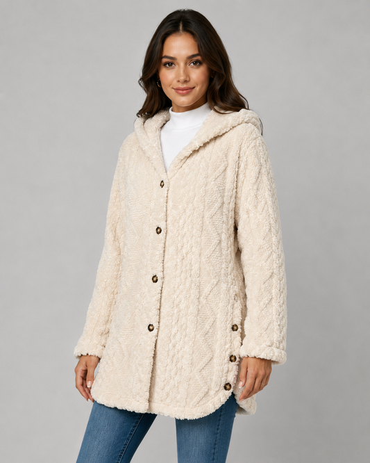 Women's Teddy Fleece Jacket - Hooded Cable Knit Texture