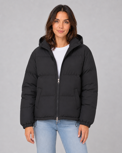 Women's Puffer Jacket - Hooded Winter Jacket with Drawstring Hem