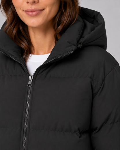 Women's Puffer Jacket - Hooded Winter Jacket with Drawstring Hem