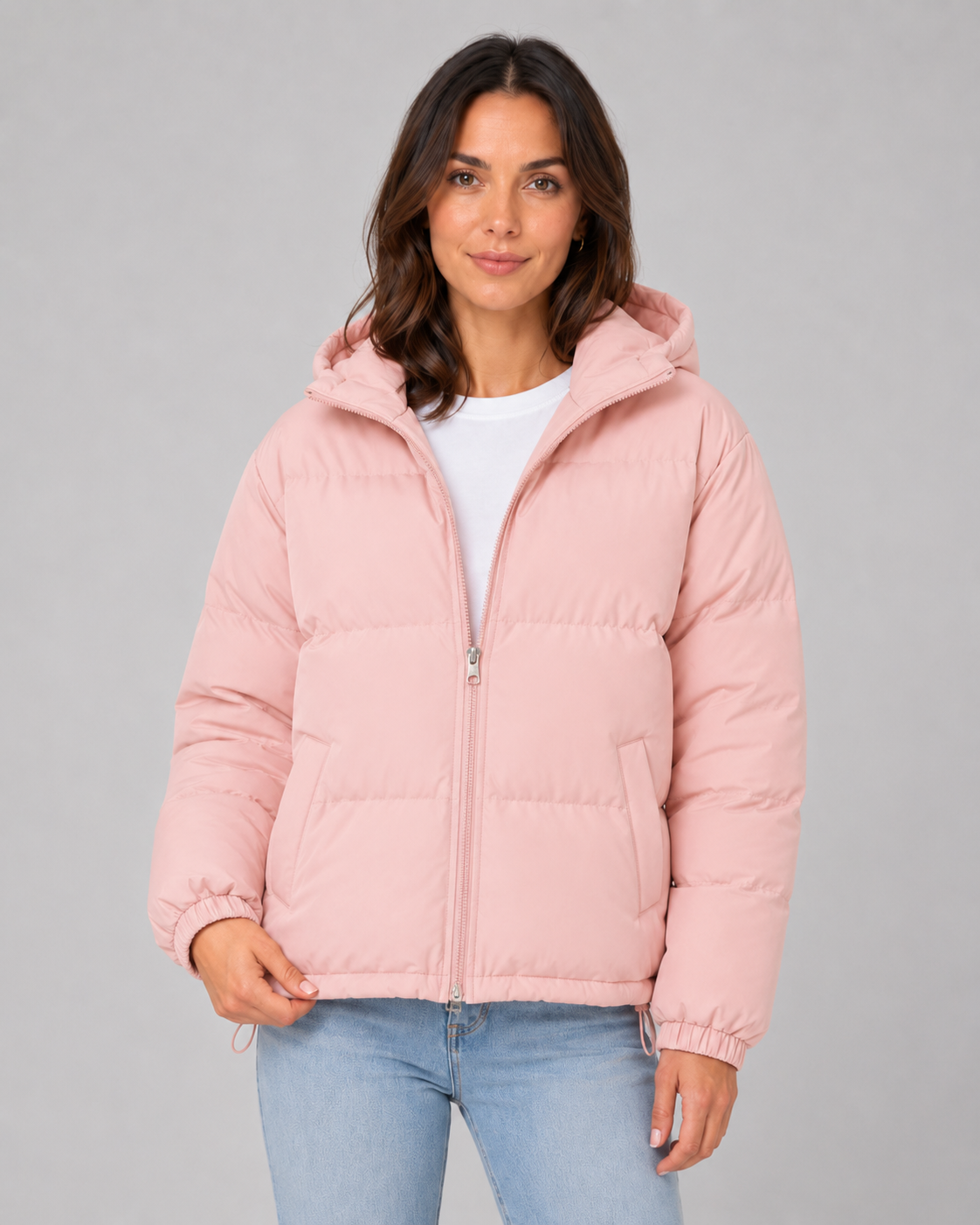 Women's Puffer Jacket - Hooded Winter Jacket with Drawstring Hem