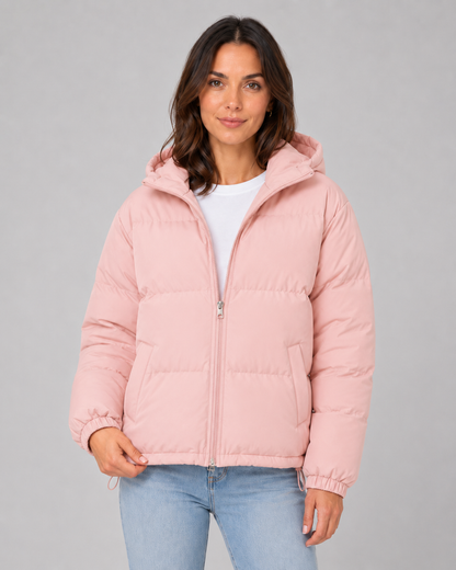 Women's Puffer Jacket - Hooded Winter Jacket with Drawstring Hem