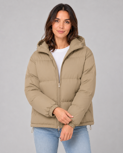 Women's Puffer Jacket - Hooded Winter Jacket with Drawstring Hem
