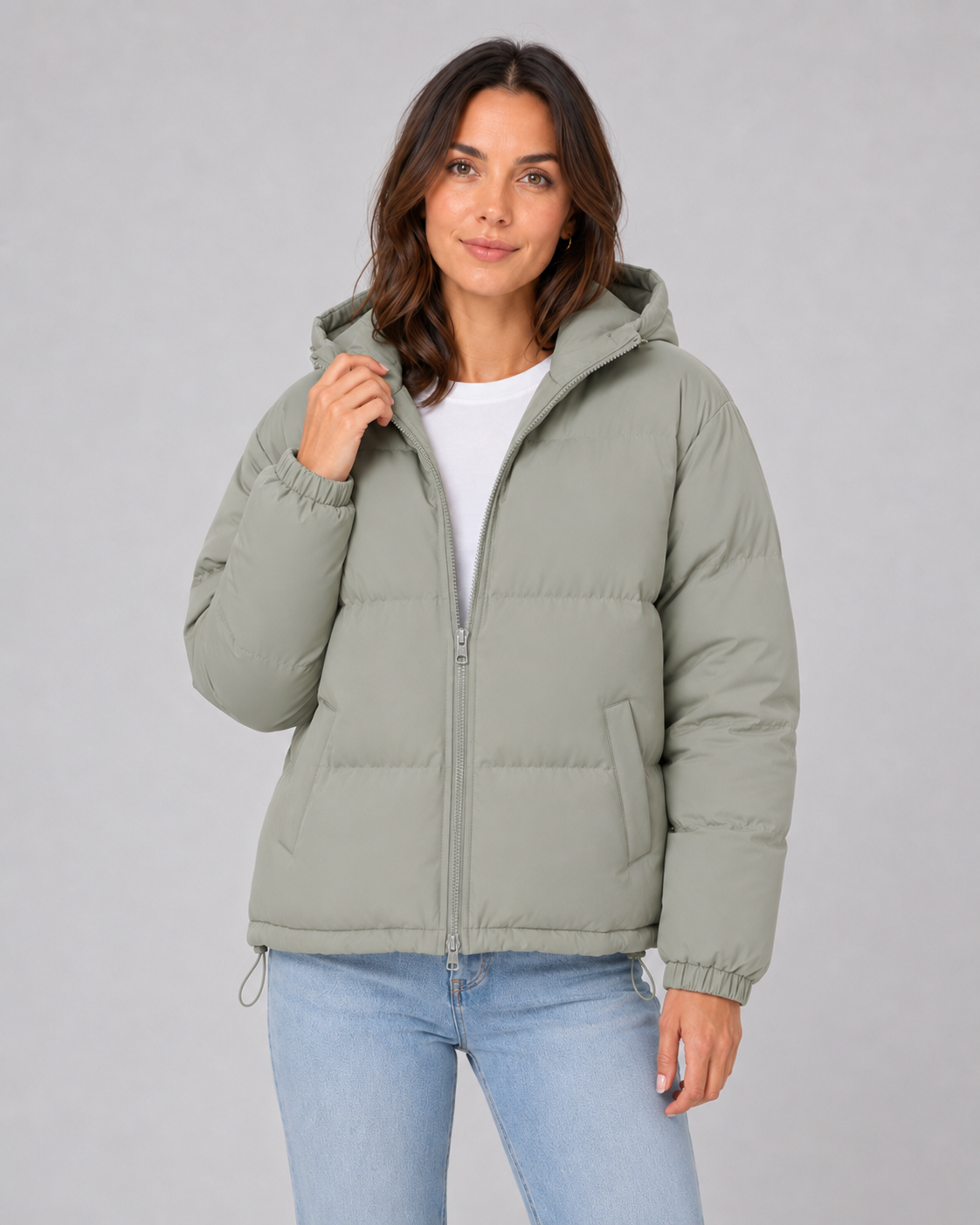 Women's Puffer Jacket - Hooded Winter Jacket with Drawstring Hem