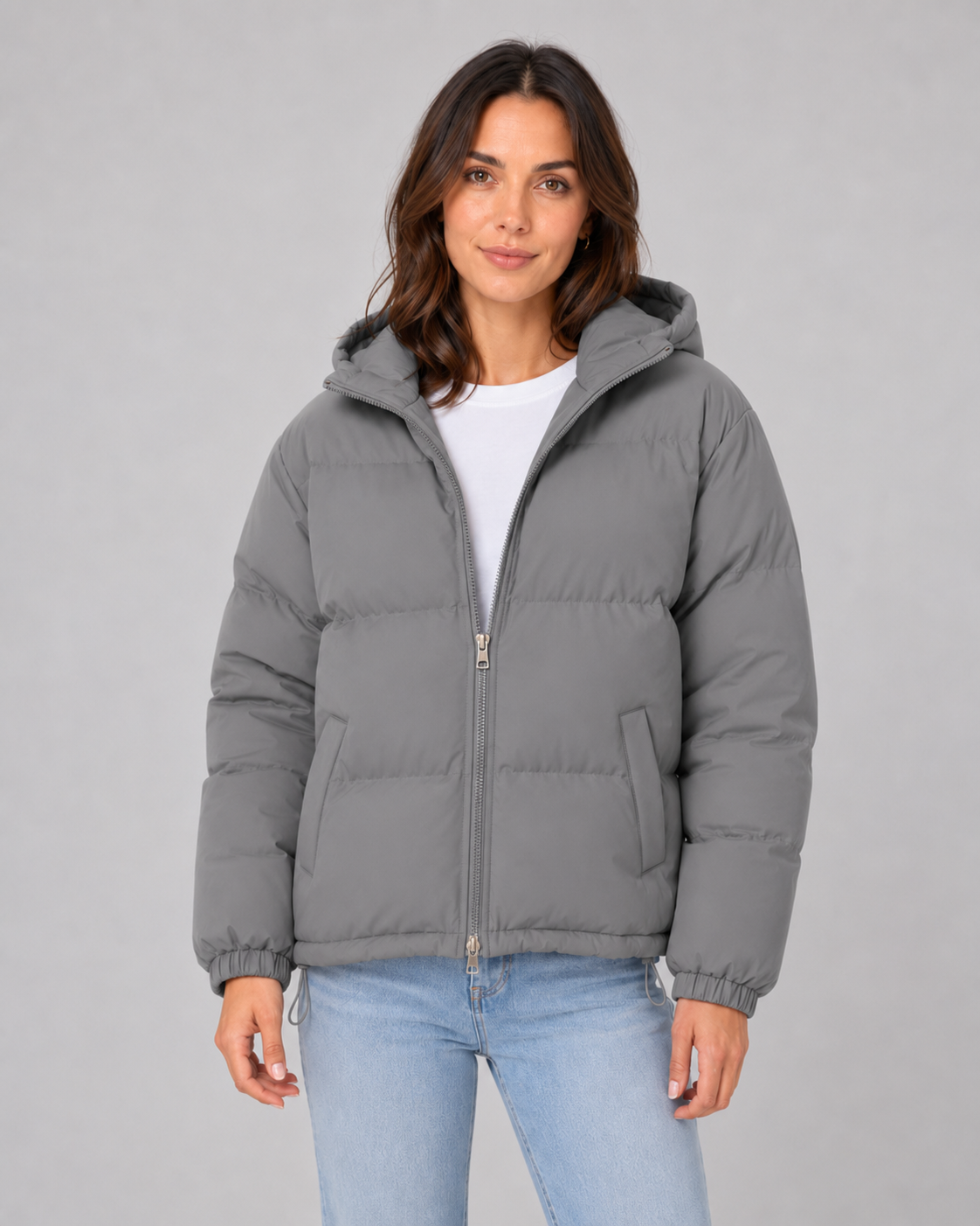 Women's Puffer Jacket - Hooded Winter Jacket with Drawstring Hem
