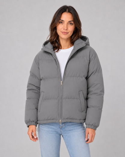Women's Puffer Jacket - Hooded Winter Jacket with Drawstring Hem