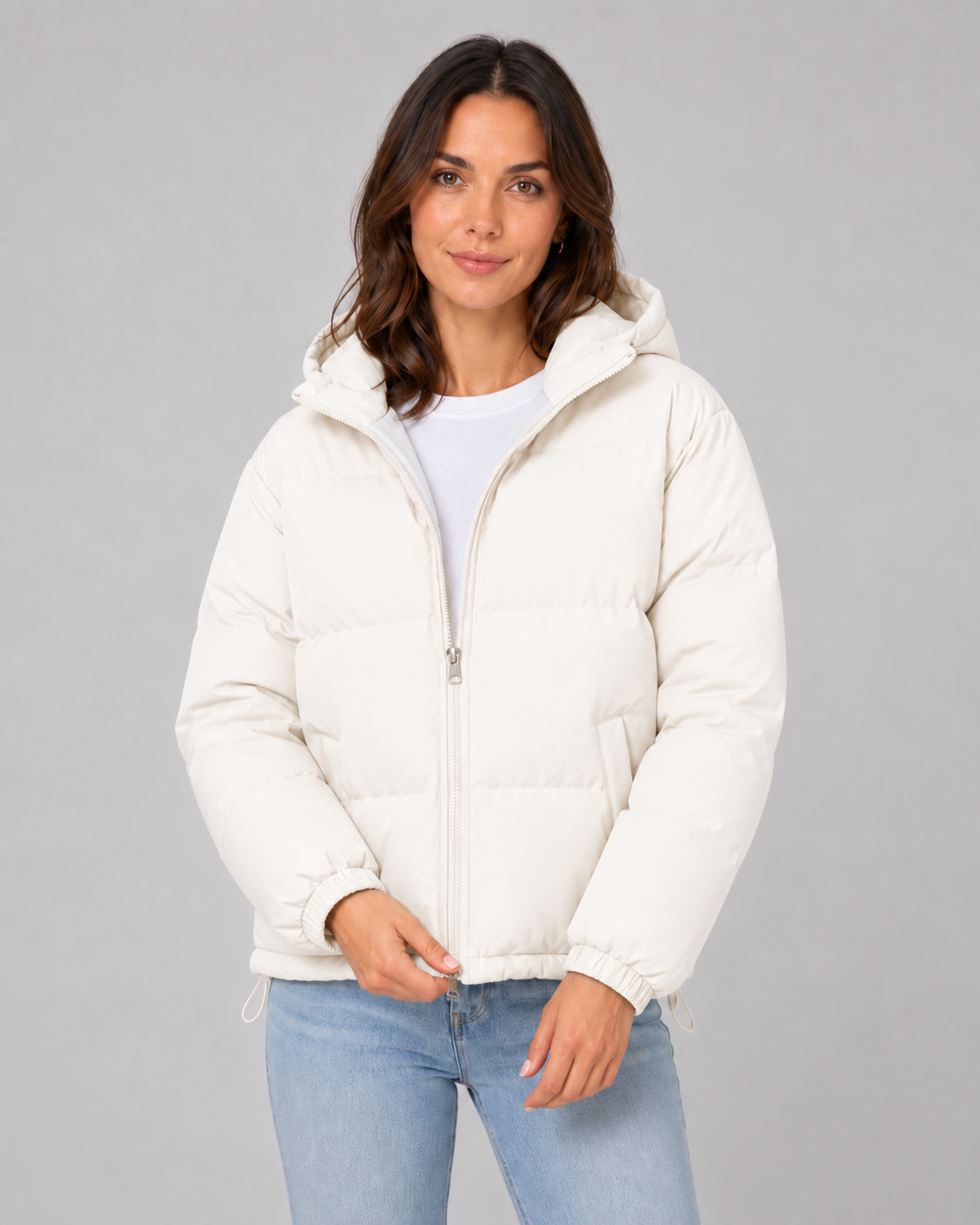 Women's Puffer Jacket - Hooded Winter Jacket with Drawstring Hem