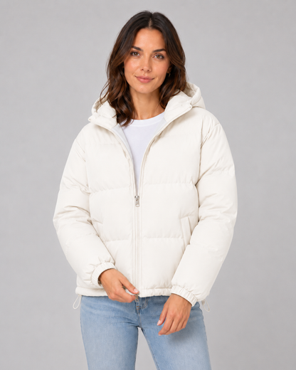 Women's Puffer Jacket - Hooded Winter Jacket with Drawstring Hem