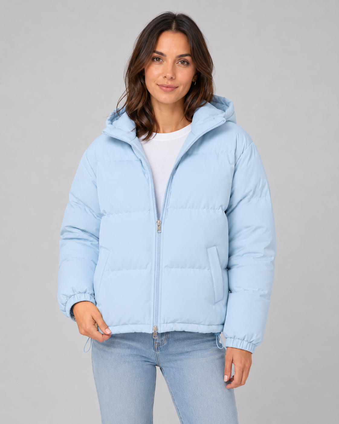 Women's Puffer Jacket - Hooded Winter Jacket with Drawstring Hem