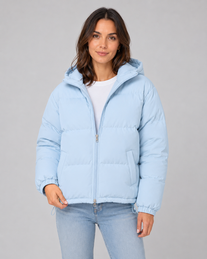 Women's Puffer Jacket - Hooded Winter Jacket with Drawstring Hem