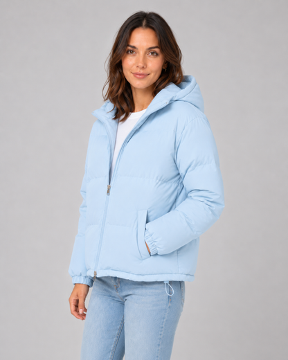 Women's Puffer Jacket - Hooded Winter Jacket with Drawstring Hem