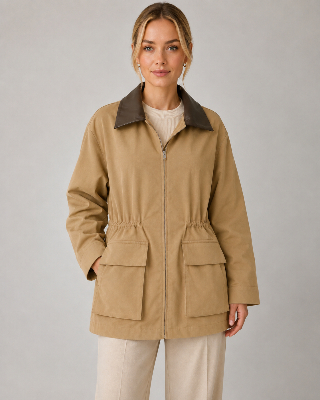 Women's Barn Jacket - Khaki Zip Up Jacket with Contrast Collar