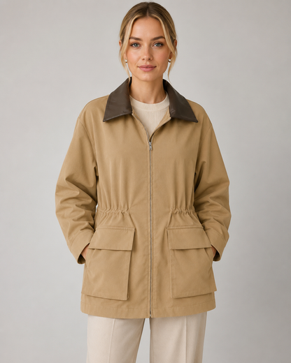 Women's Barn Jacket - Khaki Zip Up Jacket with Contrast Collar