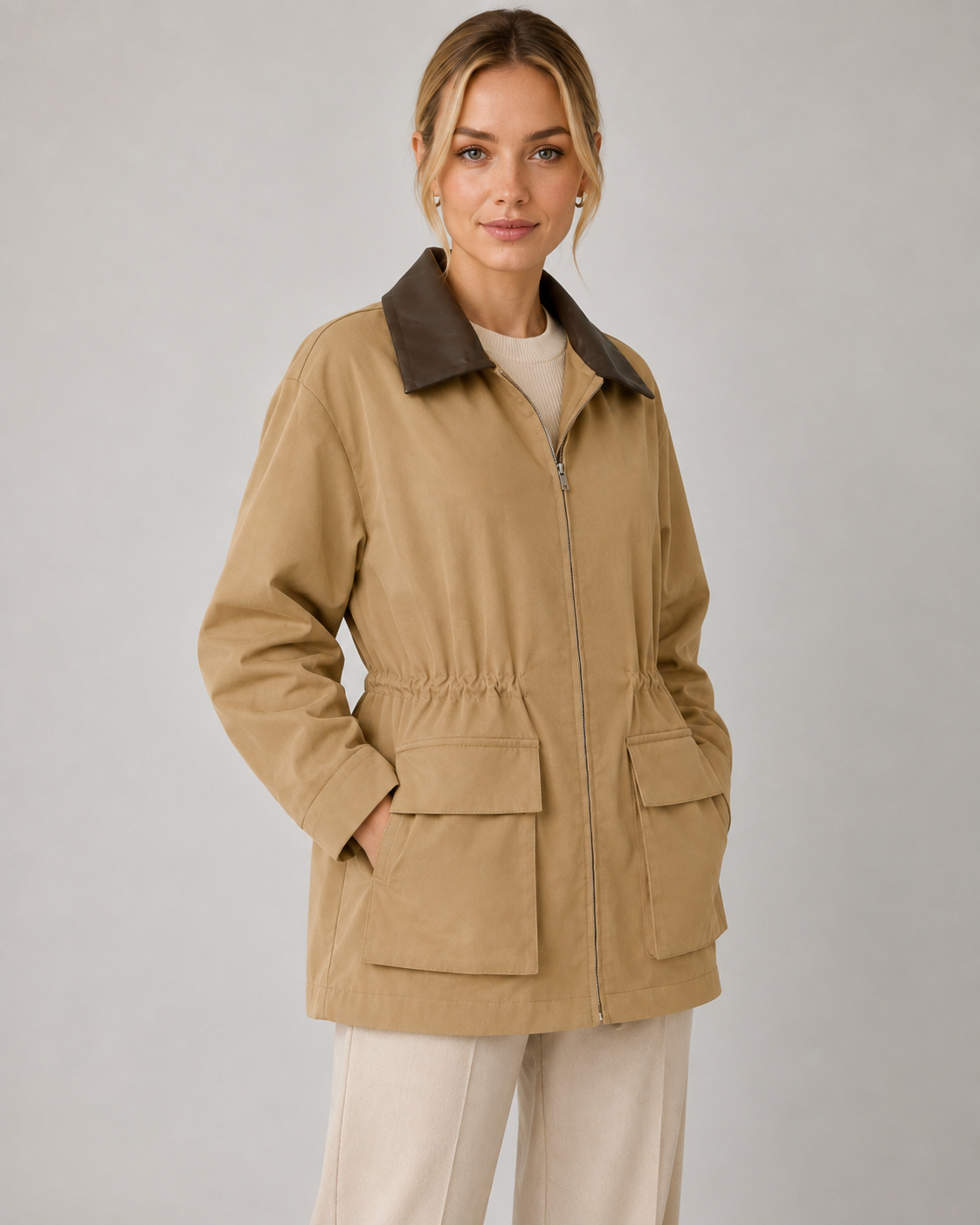 Women's Barn Jacket - Khaki Zip Up Jacket with Contrast Collar