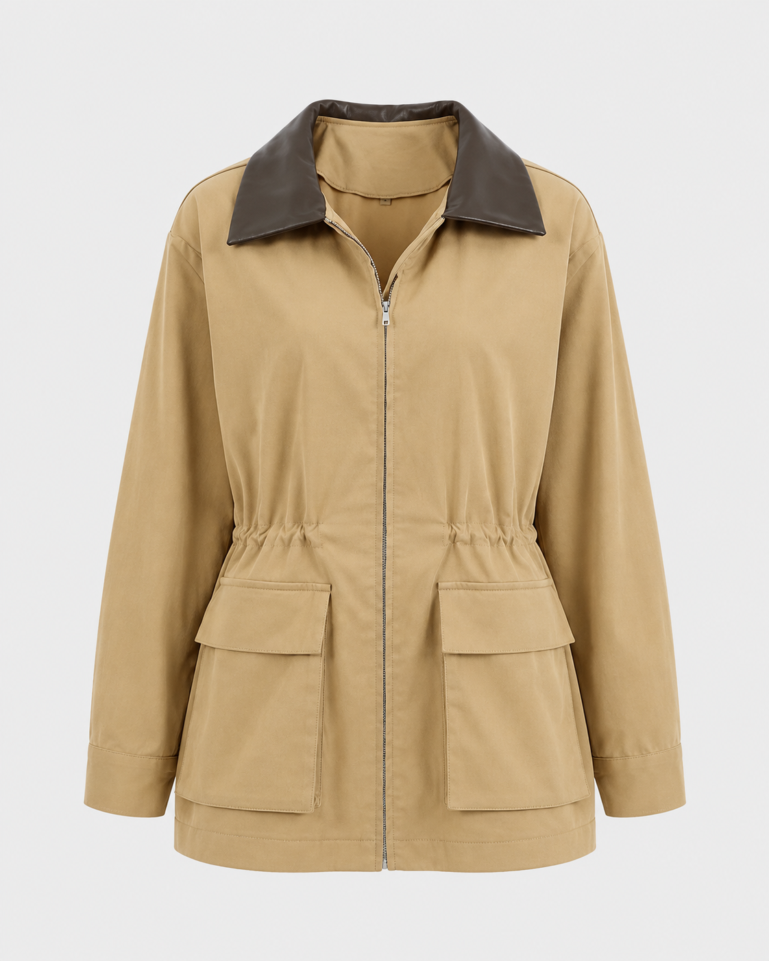 Women's Barn Jacket - Khaki Zip Up Jacket with Contrast Collar