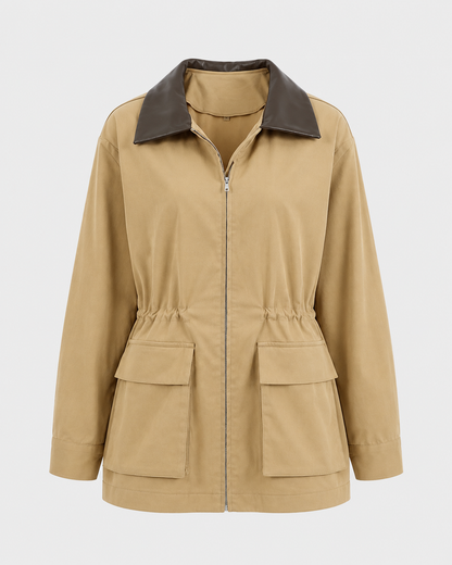 Women's Barn Jacket - Khaki Zip Up Jacket with Contrast Collar