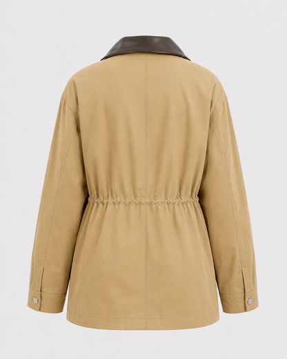Women's Barn Jacket - Khaki Zip Up Jacket with Contrast Collar