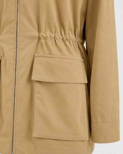 Women's Barn Jacket - Khaki Zip Up Jacket with Contrast Collar