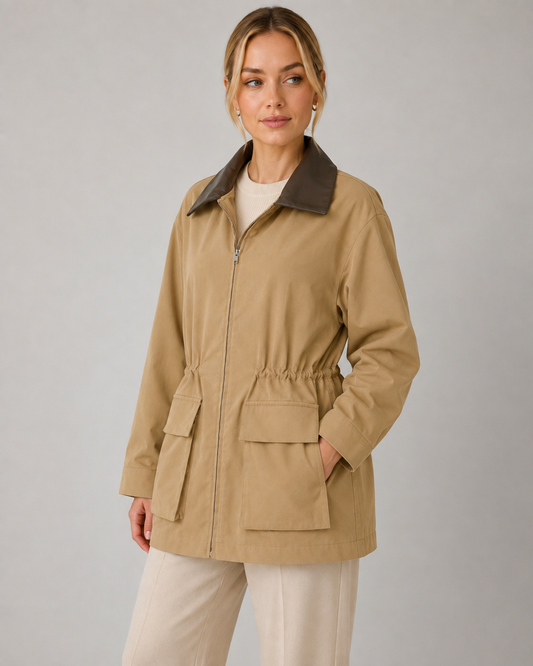 Women's Barn Jacket - Khaki Zip Up Jacket with Contrast Collar