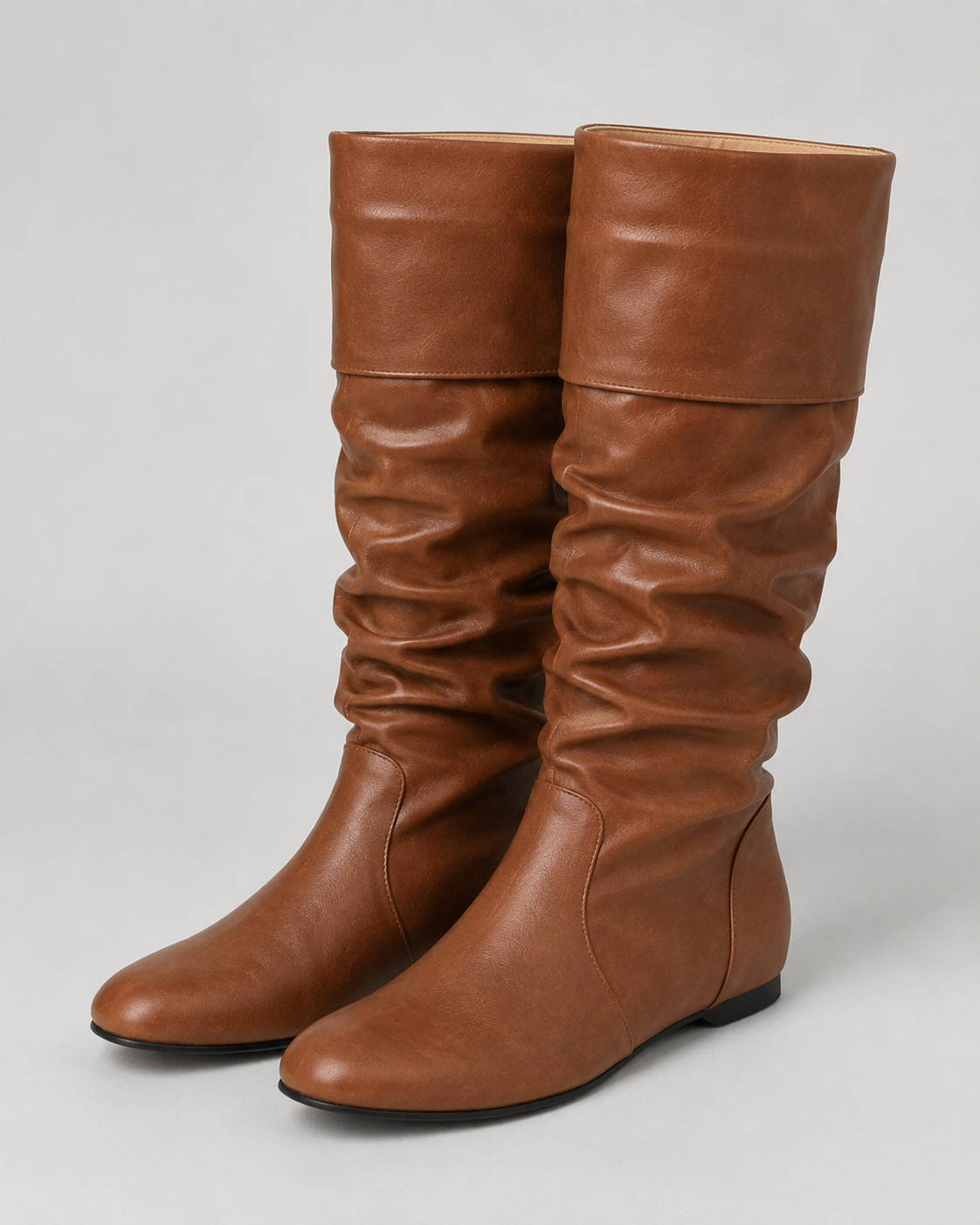 Women's Knee High Boots - Slouch Ruched Shaft Flat Heel