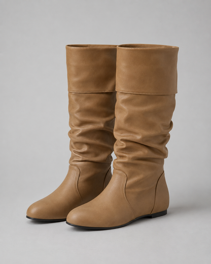 Women's Knee High Boots - Slouch Ruched Shaft Flat Heel