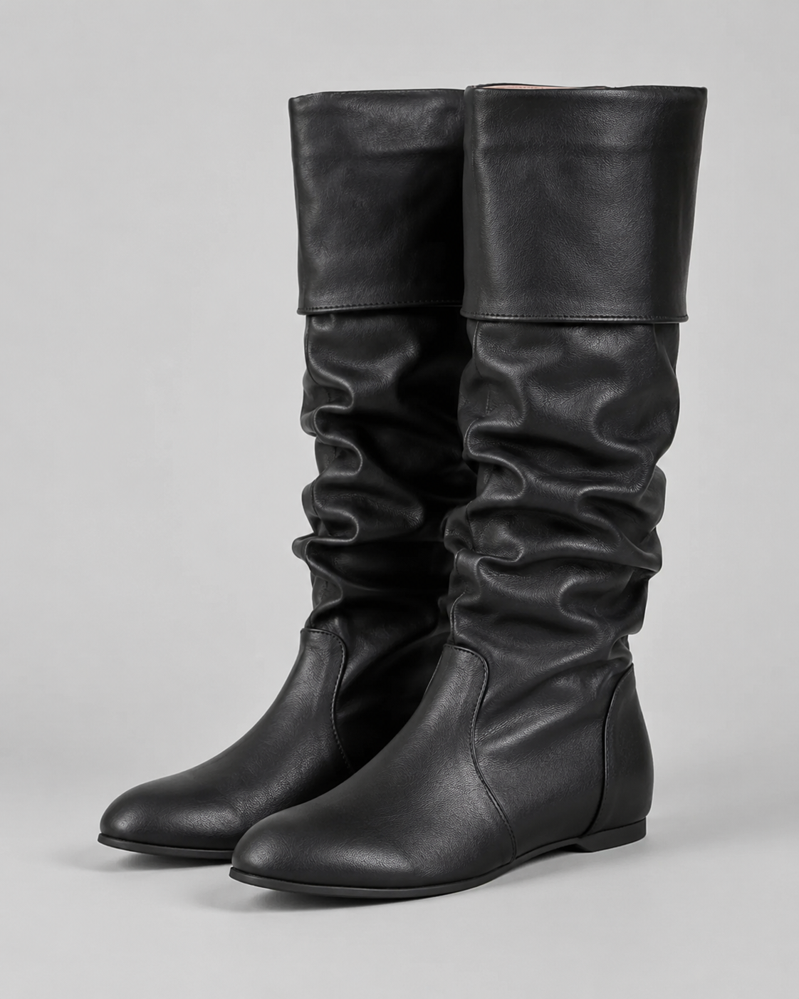 Women's Knee High Boots - Slouch Ruched Shaft Flat Heel