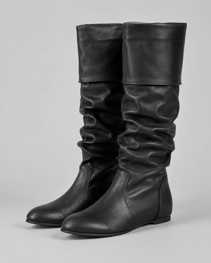 Women's Knee High Boots - Slouch Ruched Shaft Flat Heel