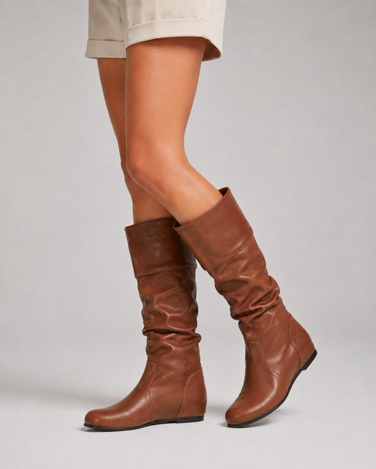 Women's Knee High Boots - Slouch Ruched Shaft Flat Heel