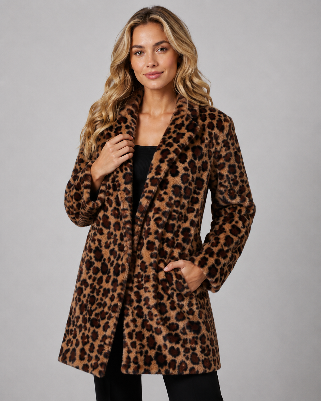 Women's Faux Fur Coat - Leopard Print Longline Winter Coat