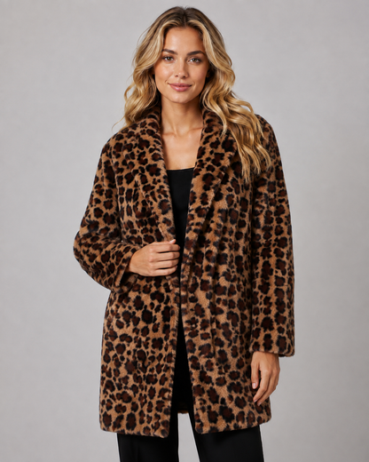 Women's Faux Fur Coat - Leopard Print Longline Winter Coat