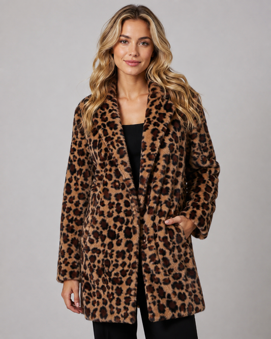 Women's Faux Fur Coat - Leopard Print Longline Winter Coat
