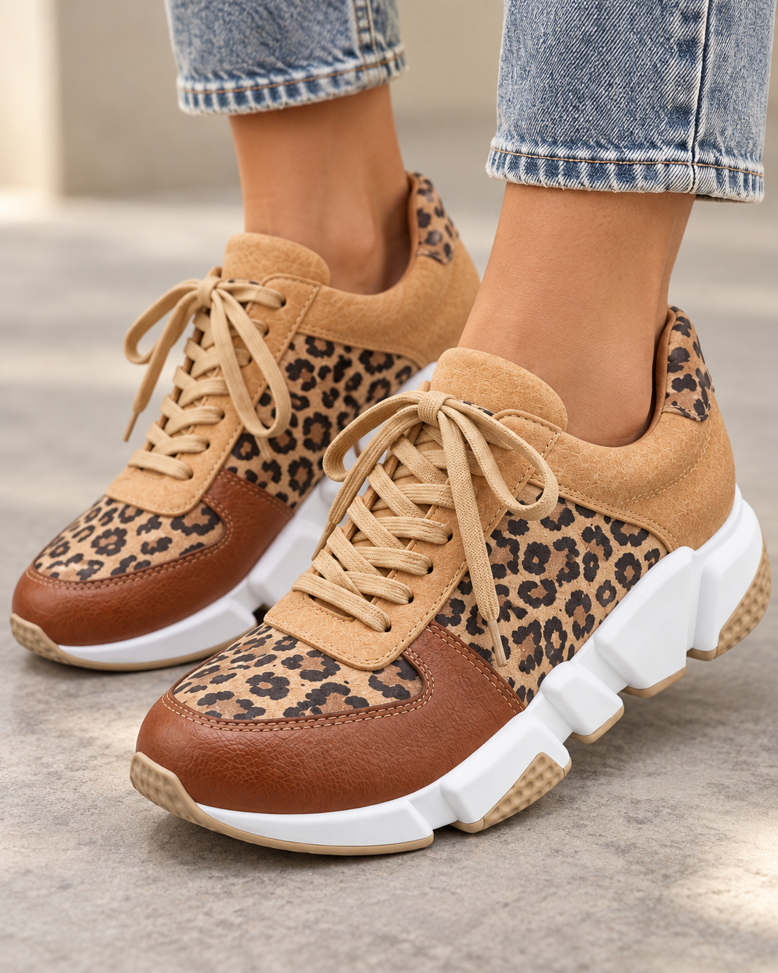 Women's Sneakers - Leopard Print Chunky Sole Lace Up