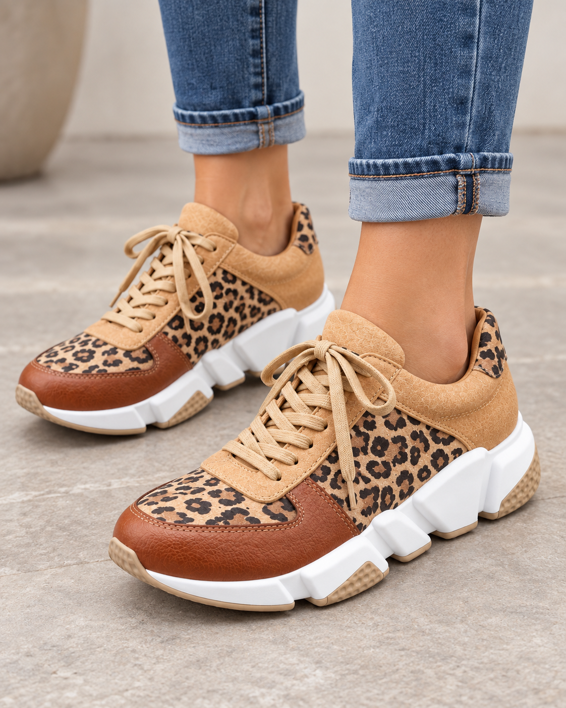 Women's Sneakers - Leopard Print Chunky Sole Lace Up