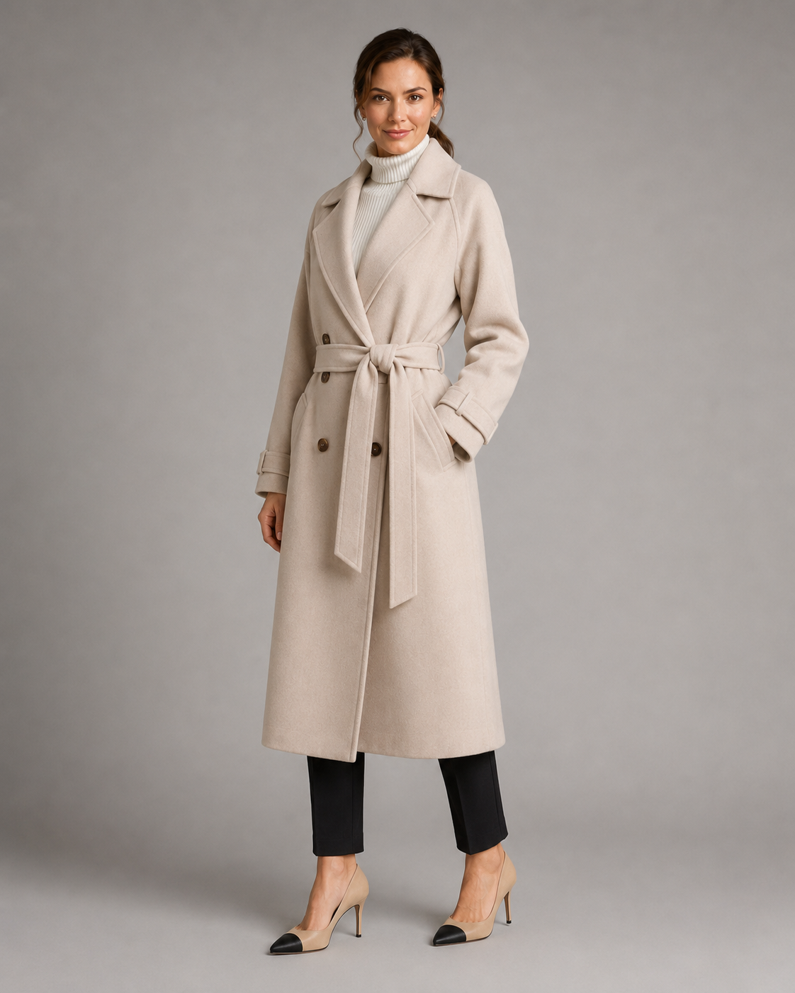 Women's Wool Coat - Long Belted Notched Lapel Winter Coat