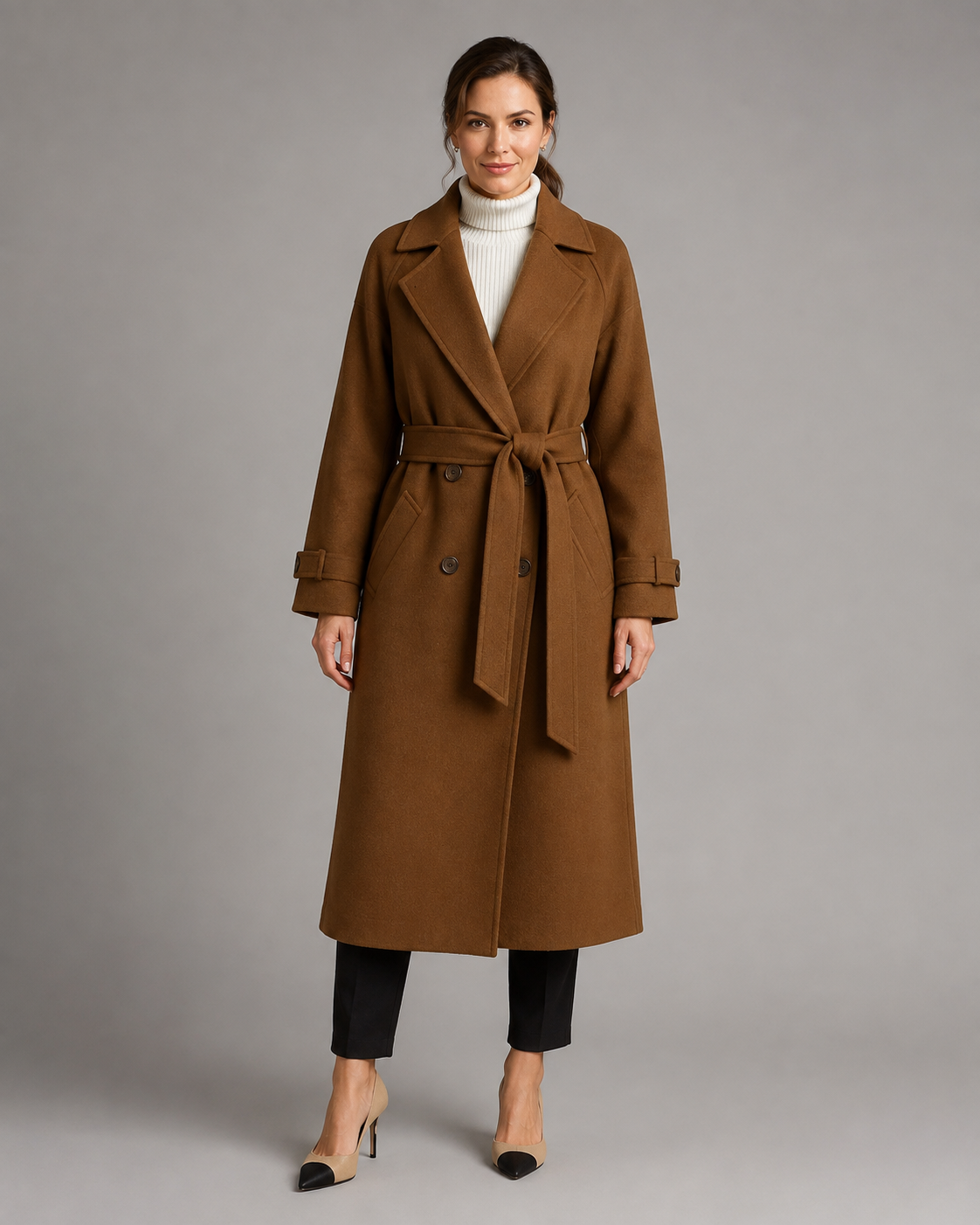Women's Wool Coat - Long Belted Notched Lapel Winter Coat