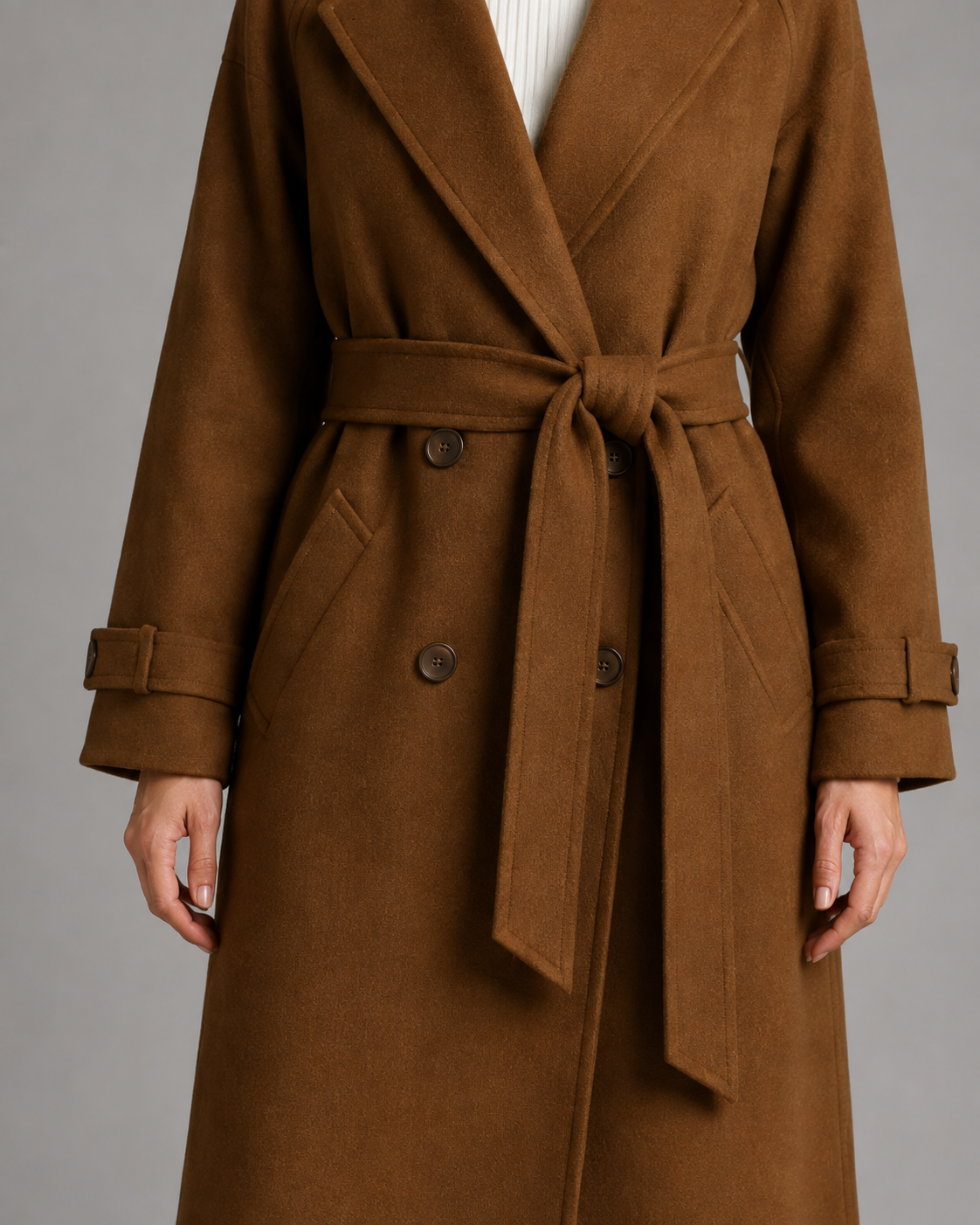 Women's Wool Coat - Long Belted Notched Lapel Winter Coat