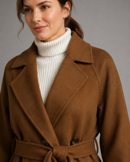 Women's Wool Coat - Long Belted Notched Lapel Winter Coat