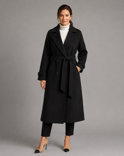 Women's Wool Coat - Long Belted Notched Lapel Winter Coat