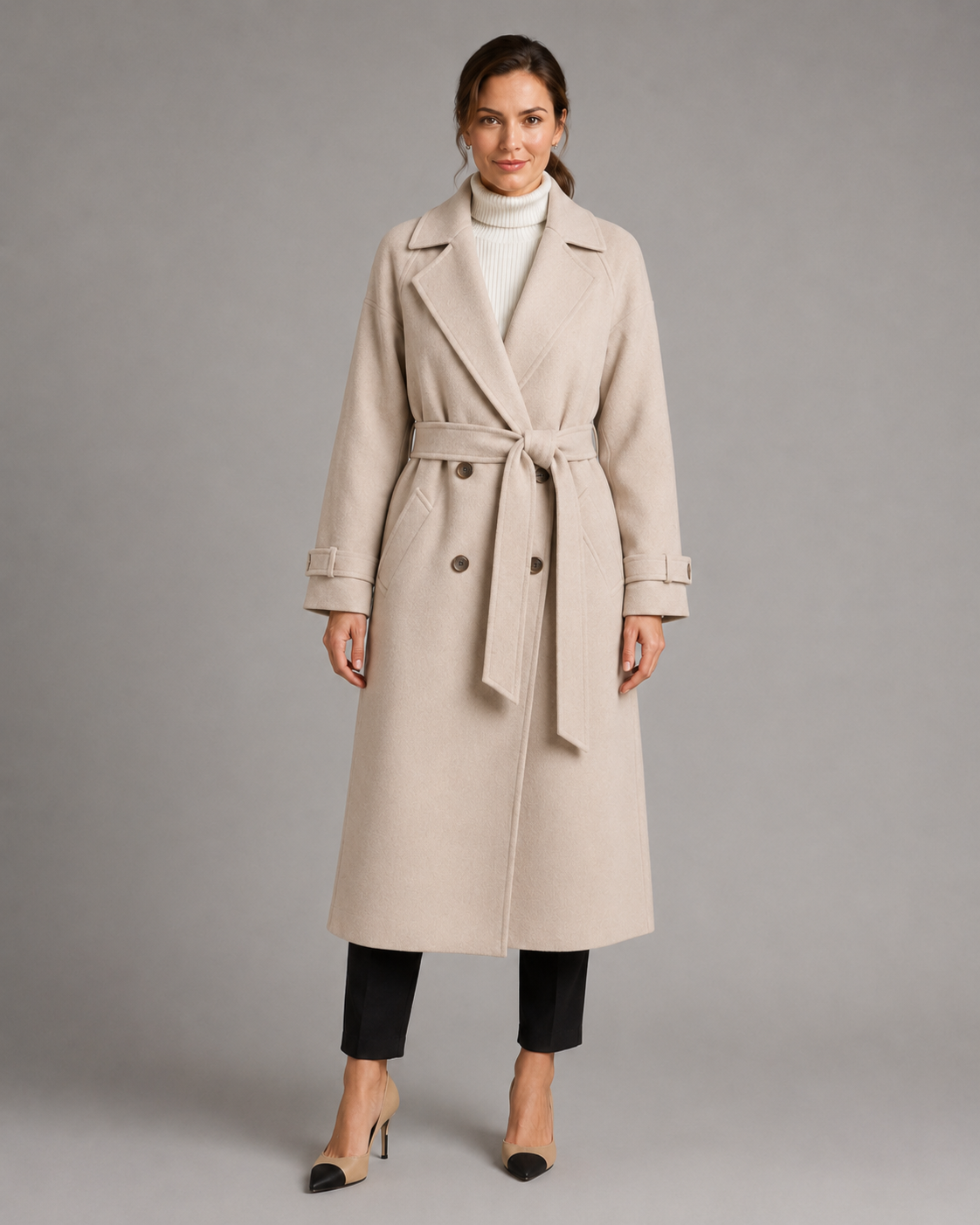 Women's Wool Coat - Long Belted Notched Lapel Winter Coat