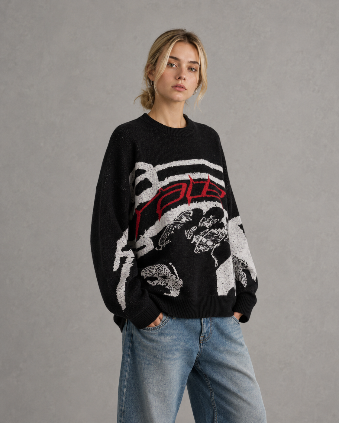 Women's Oversized Knit Sweater - Graphic Relaxed Fit