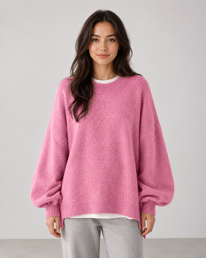 Women's Oversized Knit Sweater - Balloon Sleeve Crew Neck