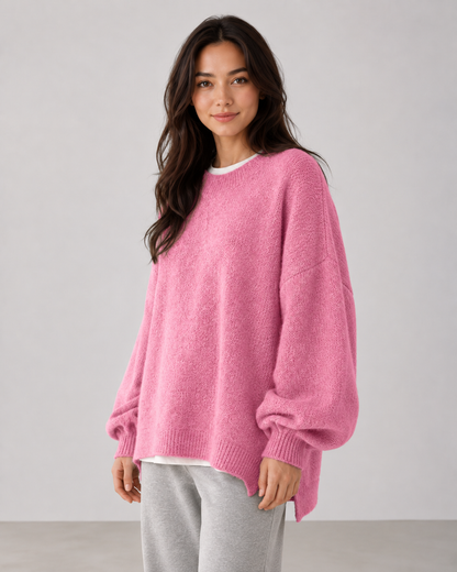 Women's Oversized Knit Sweater - Balloon Sleeve Crew Neck