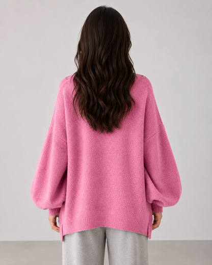 Women's Oversized Knit Sweater - Balloon Sleeve Crew Neck