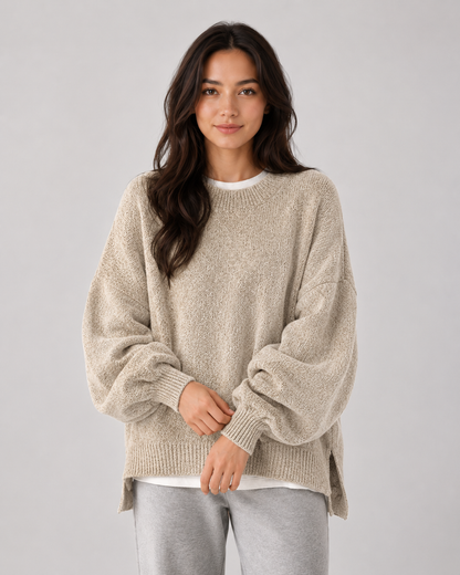 Women's Oversized Knit Sweater - Balloon Sleeve Crew Neck