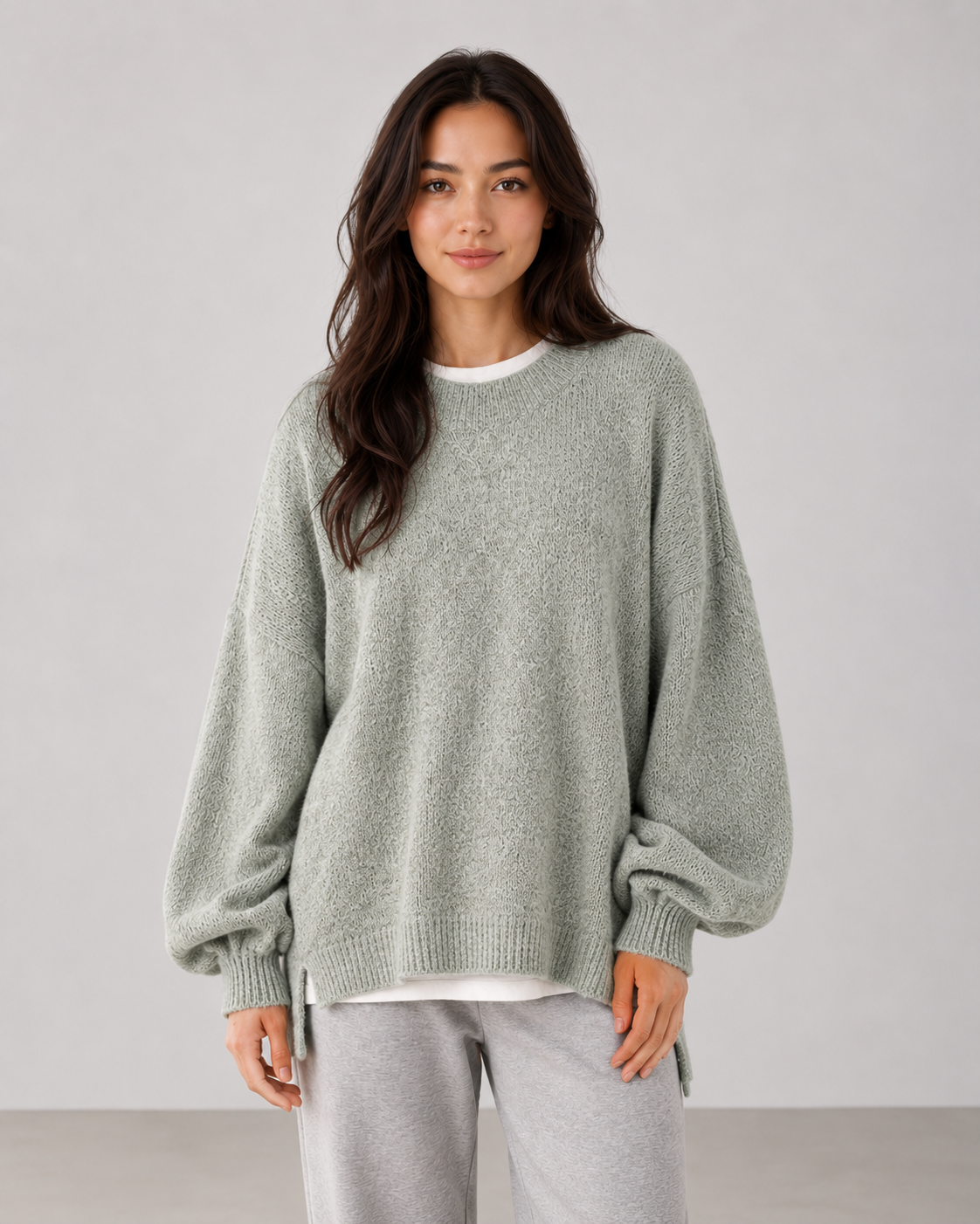 Women's Oversized Knit Sweater - Balloon Sleeve Crew Neck